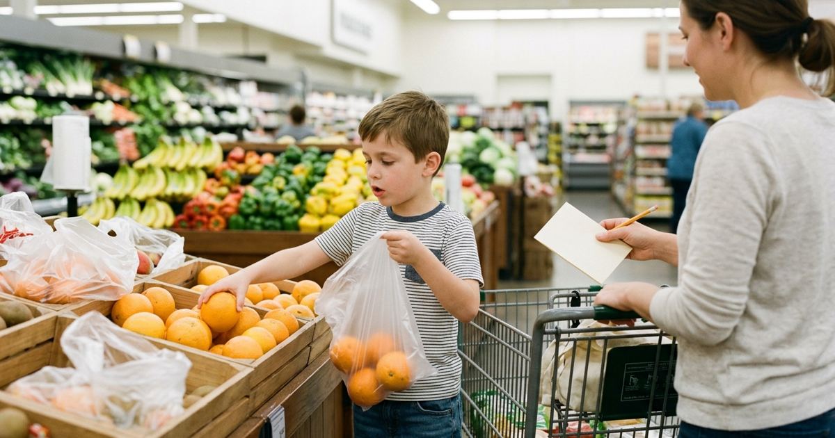 Kid counting oranges into a produce bag while a parent holds the shopping list