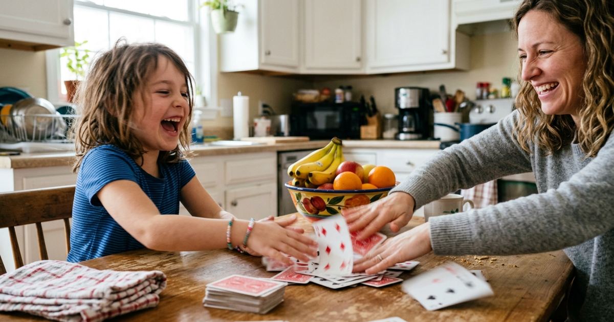 Parent and kid laughing over a fast card game at the kitchen table