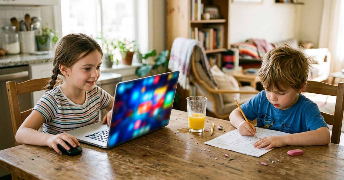 Two kids at one table, one playing a math game on a laptop and one doing a worksheet