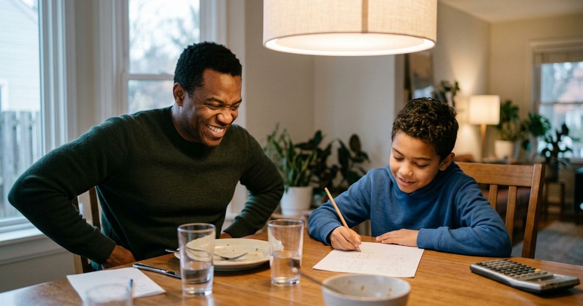 Parent sitting on their hands at the table while a child works through a math problem