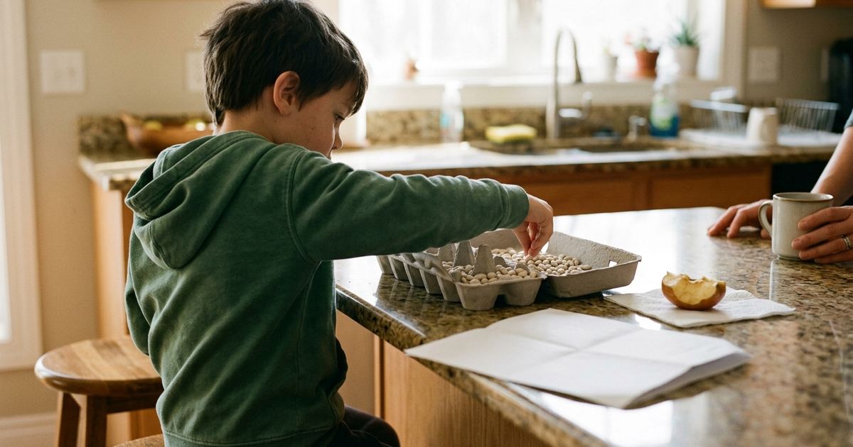 Second grader using an egg carton as a ten-frame with dried beans at the kitchen island