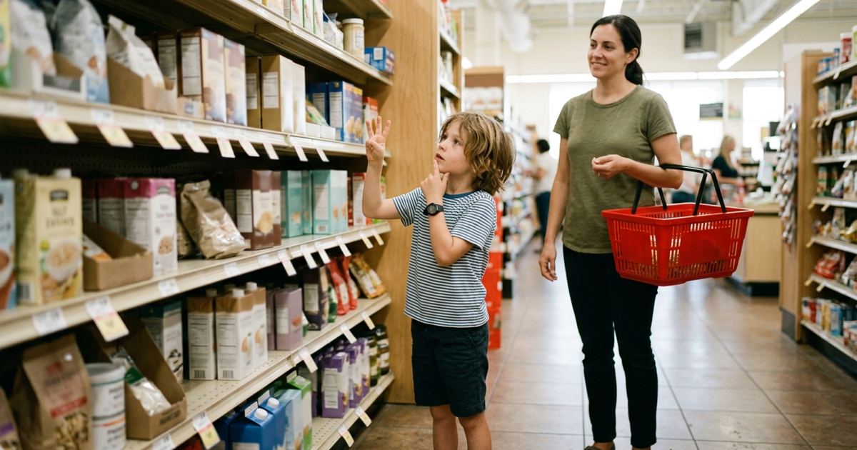 Kid estimating on fingers while looking at a shelf price tag in a grocery aisle