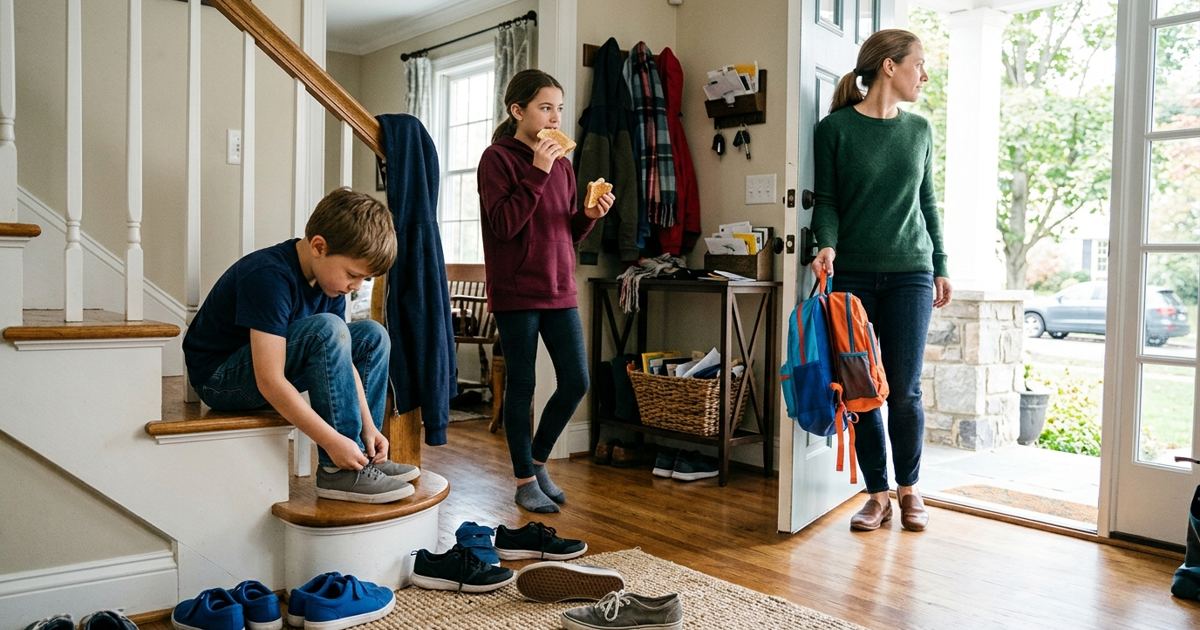 Busy family hallway on a school morning with kids getting ready and a parent holding two backpacks
