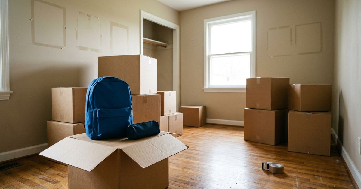 Moving boxes in an empty kid's bedroom with a backpack and pencil case on top of an open box