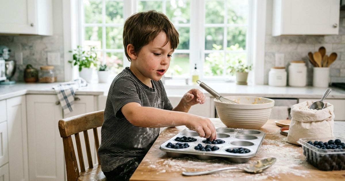 Kid arranging muffin-tin rows of berries and counting them in a bright kitchen