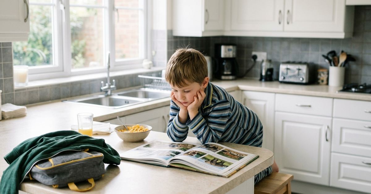 Boy in pajamas at a kitchen counter on a school morning, chin in hands over a big open animal book, cereal untouched