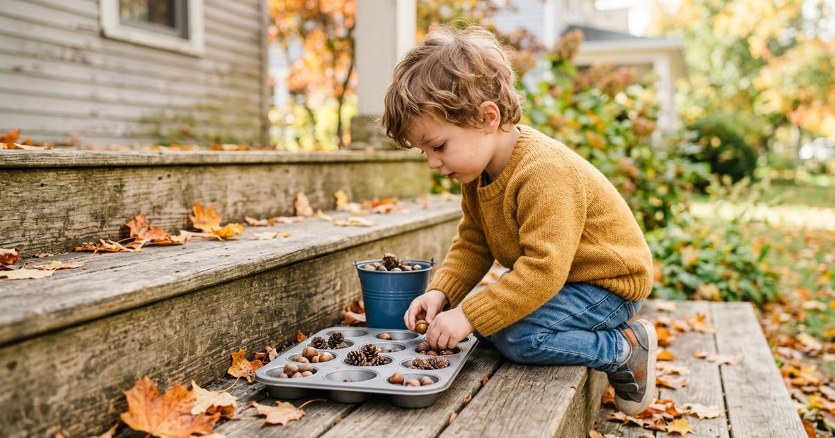 Preschooler sorting acorns and pinecones into muffin-tin cups on a porch in fall