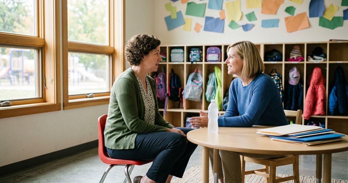 Parent sitting on a small classroom chair talking with a teacher across a low round table