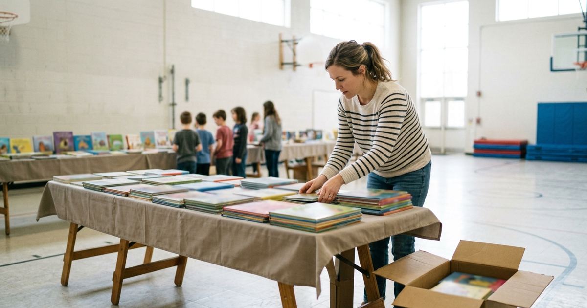 Parent restocking books at a school book fair table in a gym