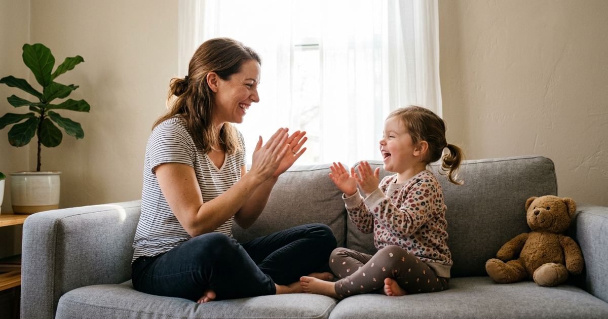 Parent and preschooler laughing while clapping syllables together on a couch