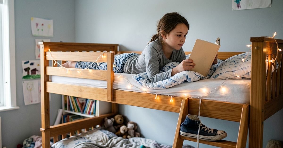 Kid lying on a top bunk reading a thin chapter book under string lights