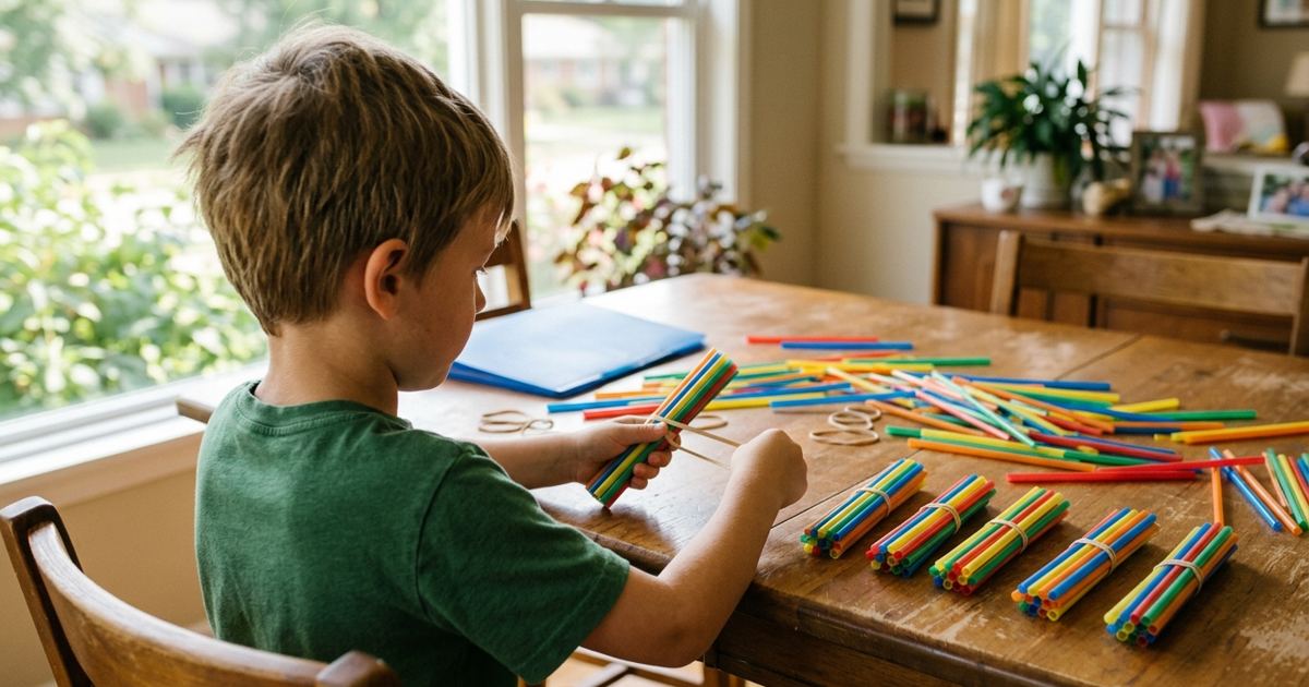 Child bundling drinking straws with rubber bands into groups of ten at a table