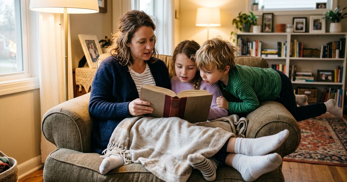 Parent reading aloud to two kids squeezed into one armchair in the evening