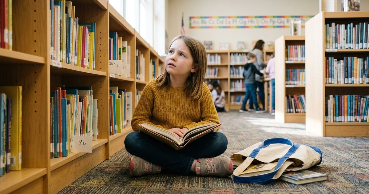 Second grader sitting on the floor of a school library with an open chapter book, looking up mid-thought