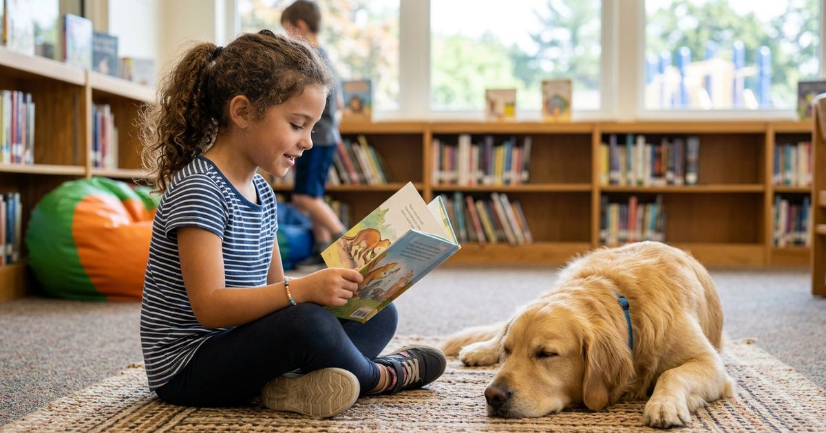 Girl sitting on a school library rug reading aloud from a picture book to a golden retriever lying beside her