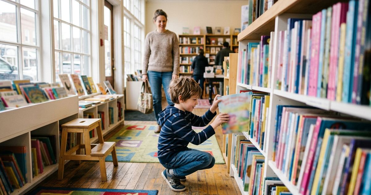 Child choosing a book from a bookstore shelf while a parent watches from a distance