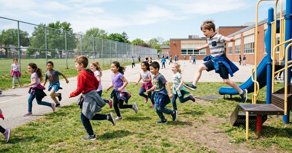 Kids running across a school playground on a bright day with jackets tied around their waists