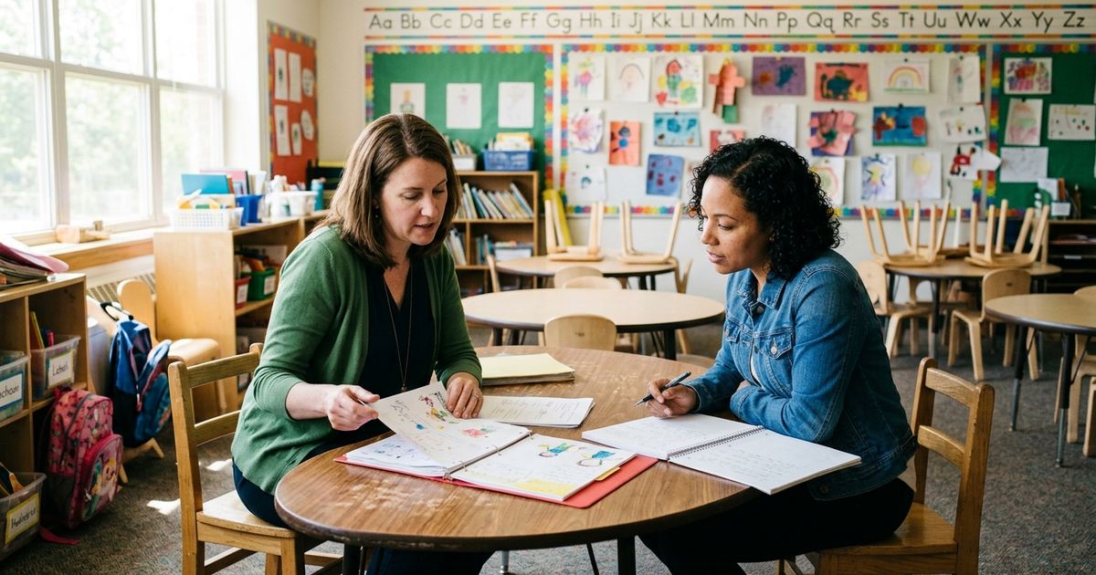 Teacher and parent talking over a folder of student work at a small table in an elementary classroom
