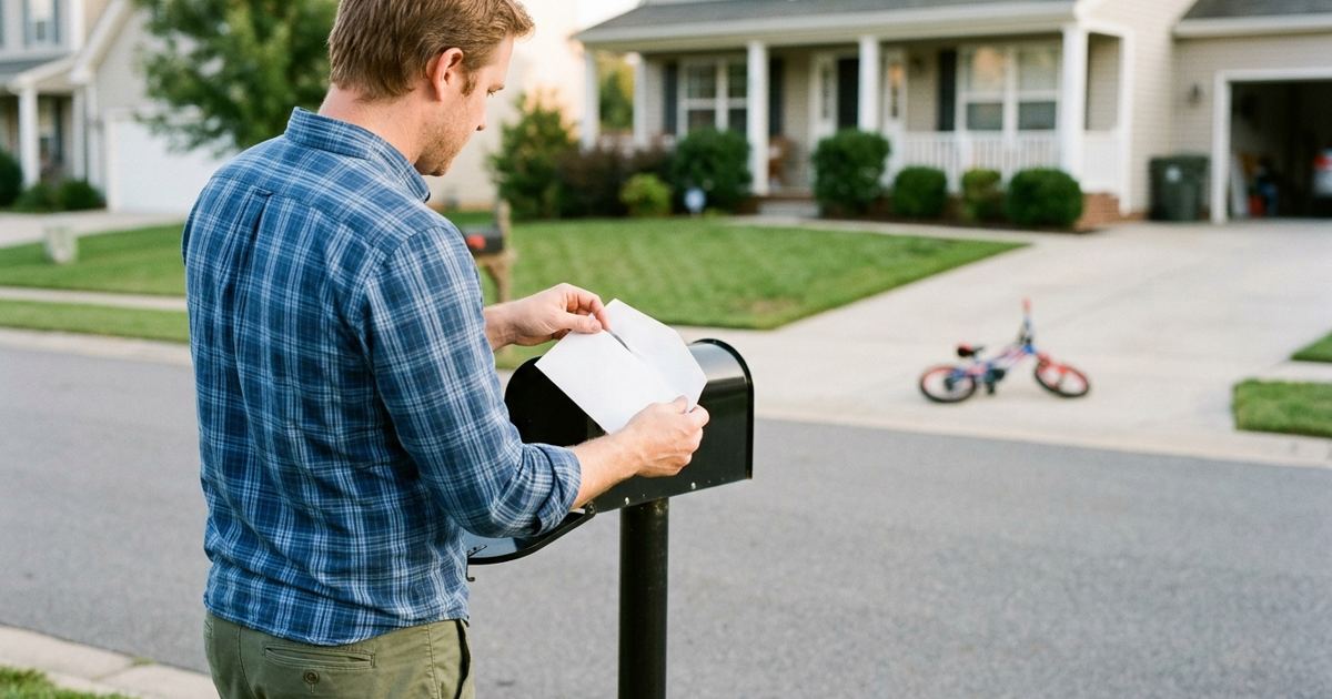 Parent at a curbside mailbox opening an envelope on a suburban street in late afternoon