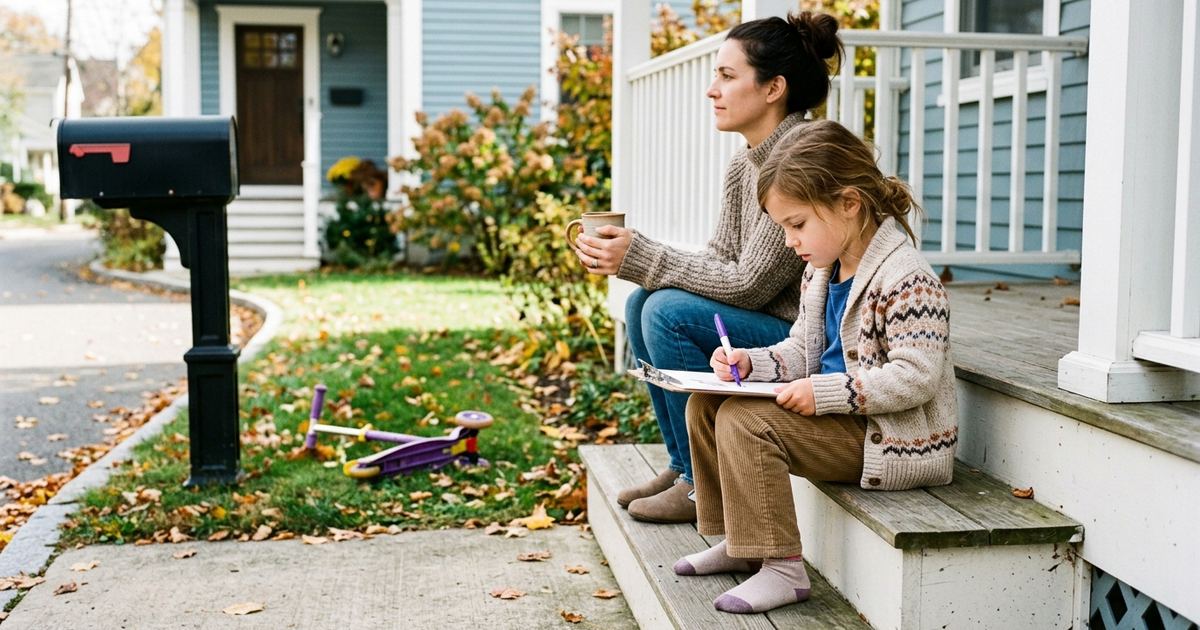 Girl on porch steps writing a card with a purple marker while her mother sits a step above with a mug
