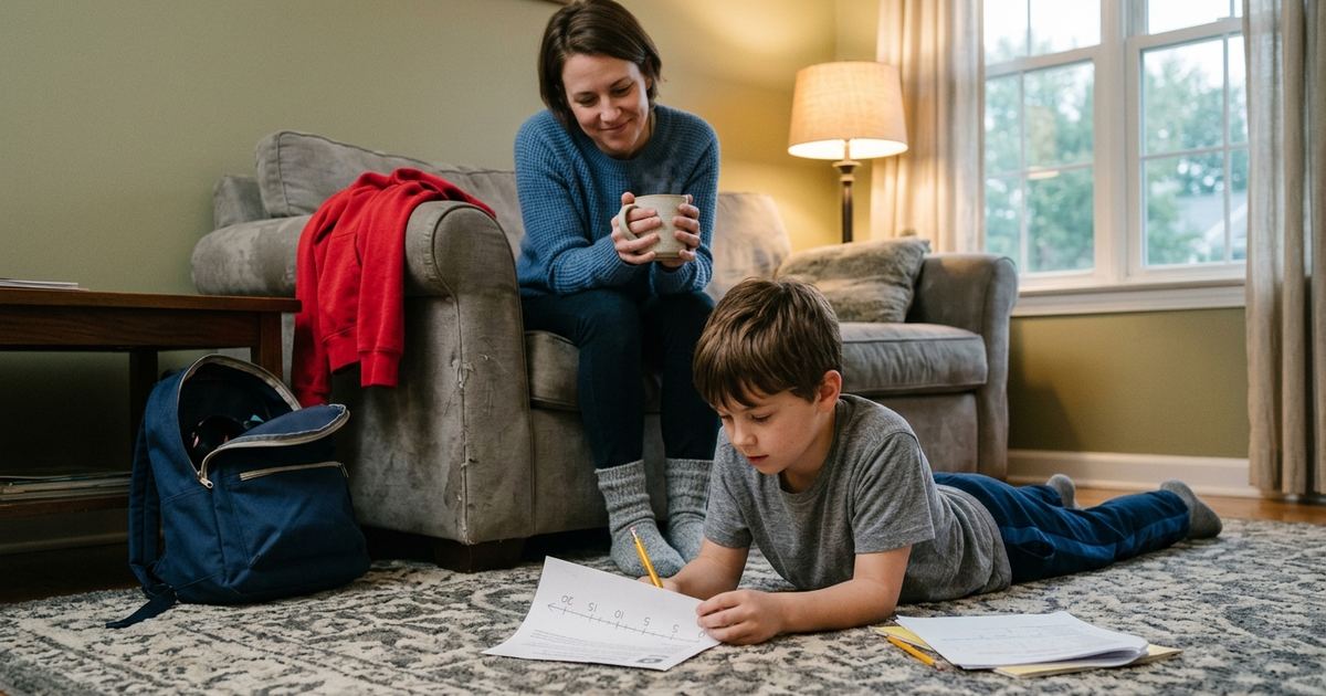 Boy lying on the living-room rug drawing a number line while his mom watches from the couch