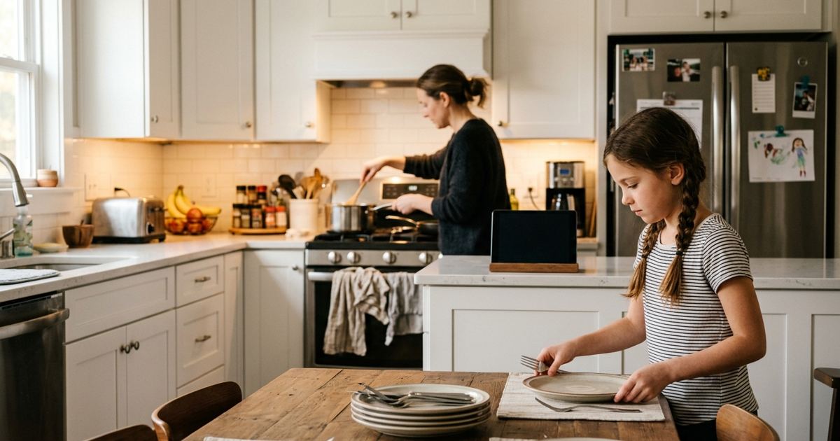 Family kitchen in the evening with a tablet docked on the counter while a kid sets the table