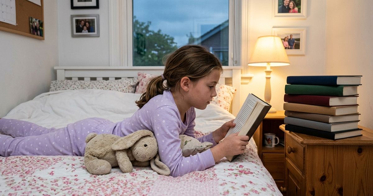 Girl in pajamas reading in bed at night with a stack of matching chapter books on the nightstand under a lamp