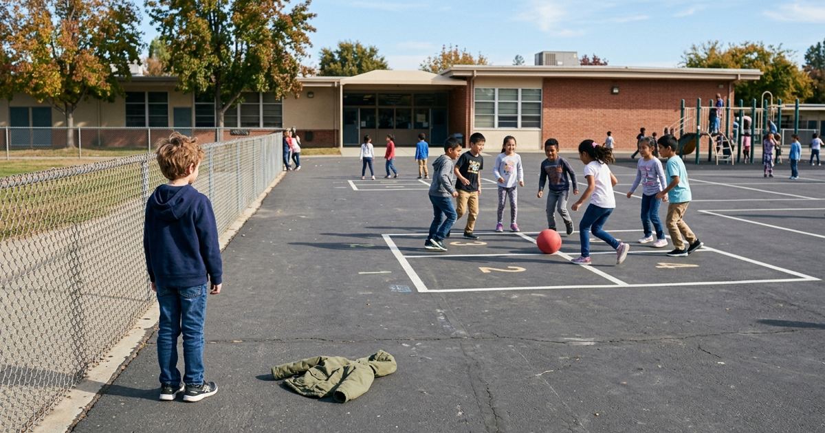 School playground at recess with one kid standing at the edge watching a group play foursquare on a bright day