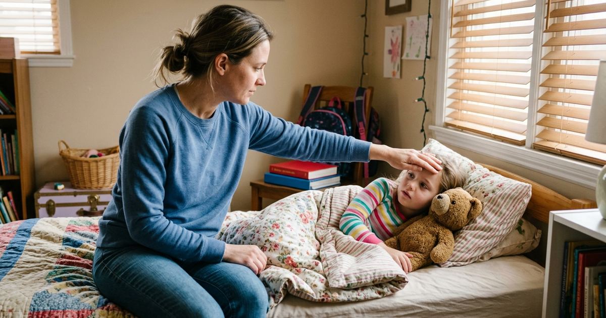 Parent checking a child's forehead at the edge of a bed on a school morning