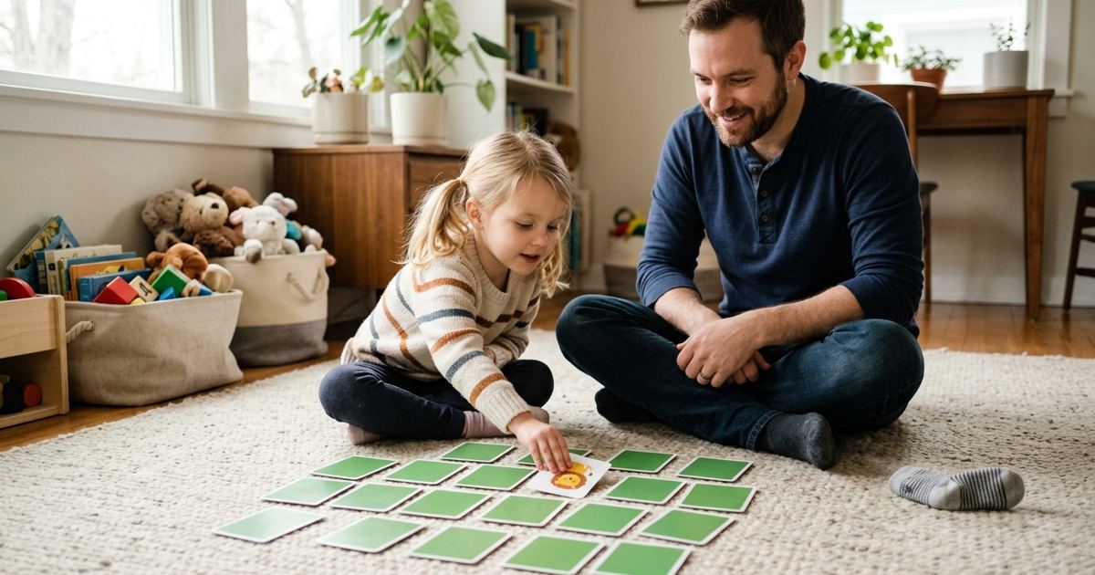 Kindergartner and parent playing a card matching game on the living room floor