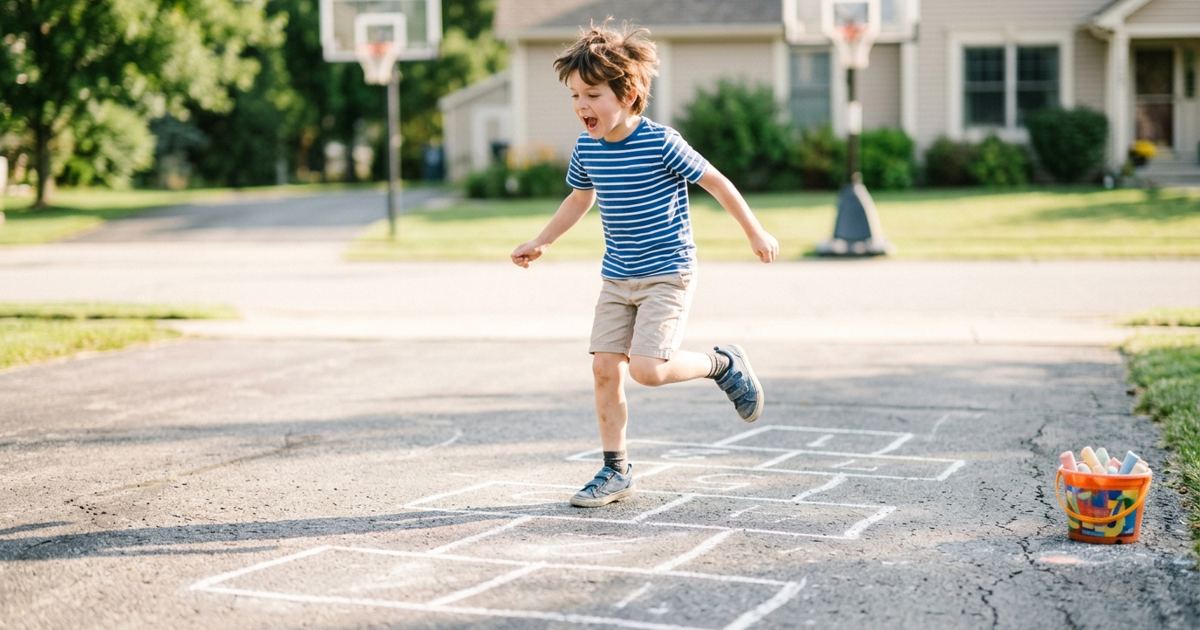 Child hopping a chalked hopscotch grid on a driveway while counting aloud