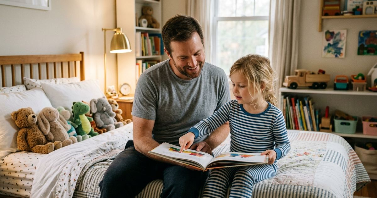 Dad and his six-year-old on the edge of a bed with an open picture book, the girl pointing at a word on the page