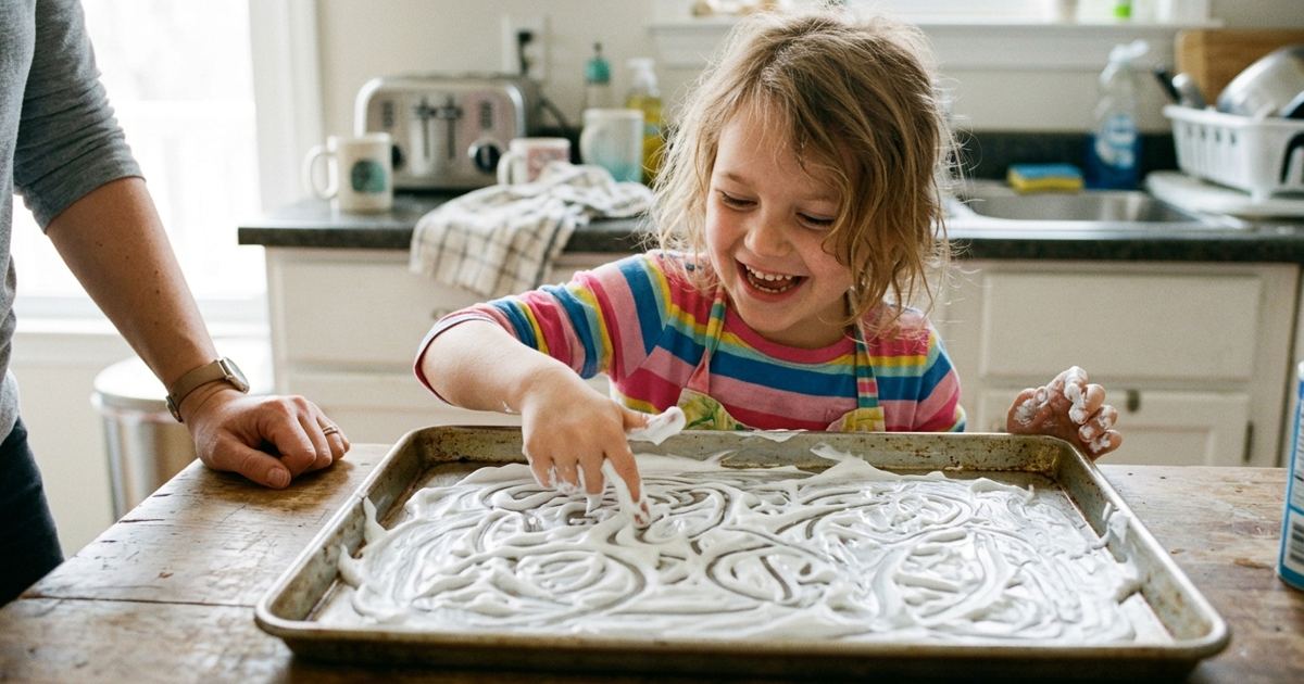Laughing kid writing spelling words in shaving cream on a baking sheet at the kitchen table