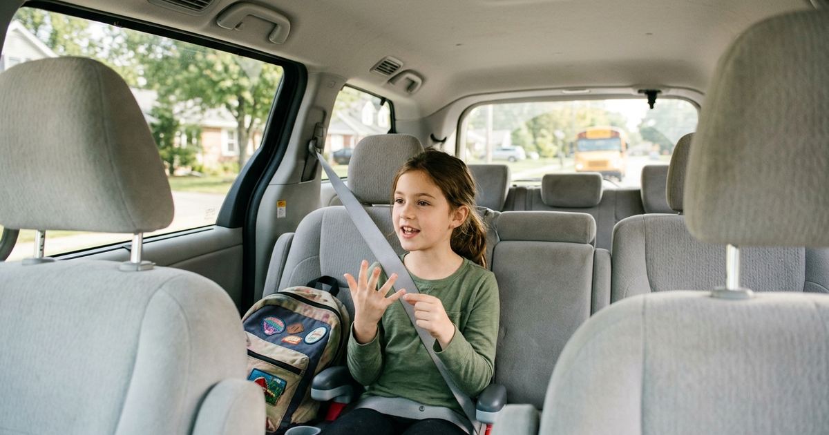 Girl buckled in the back seat of a minivan talking and counting on her fingers, school bus visible out the window
