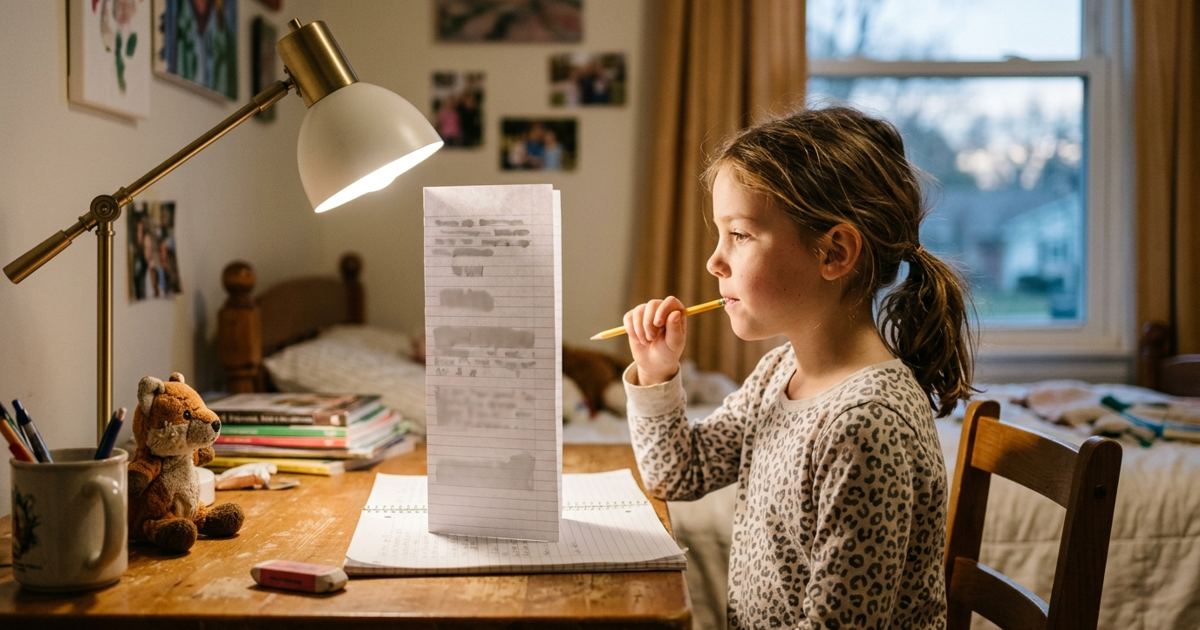 Elementary student quizzing themselves on spelling words with a folded paper at a desk