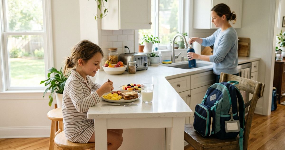 Kid eating a big breakfast while a parent packs a water bottle in a calm kitchen