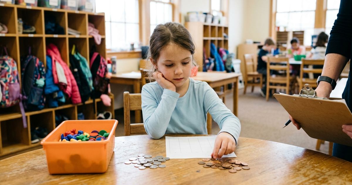 Second grader at a classroom table sorting dimes and pennies next to her math paper
