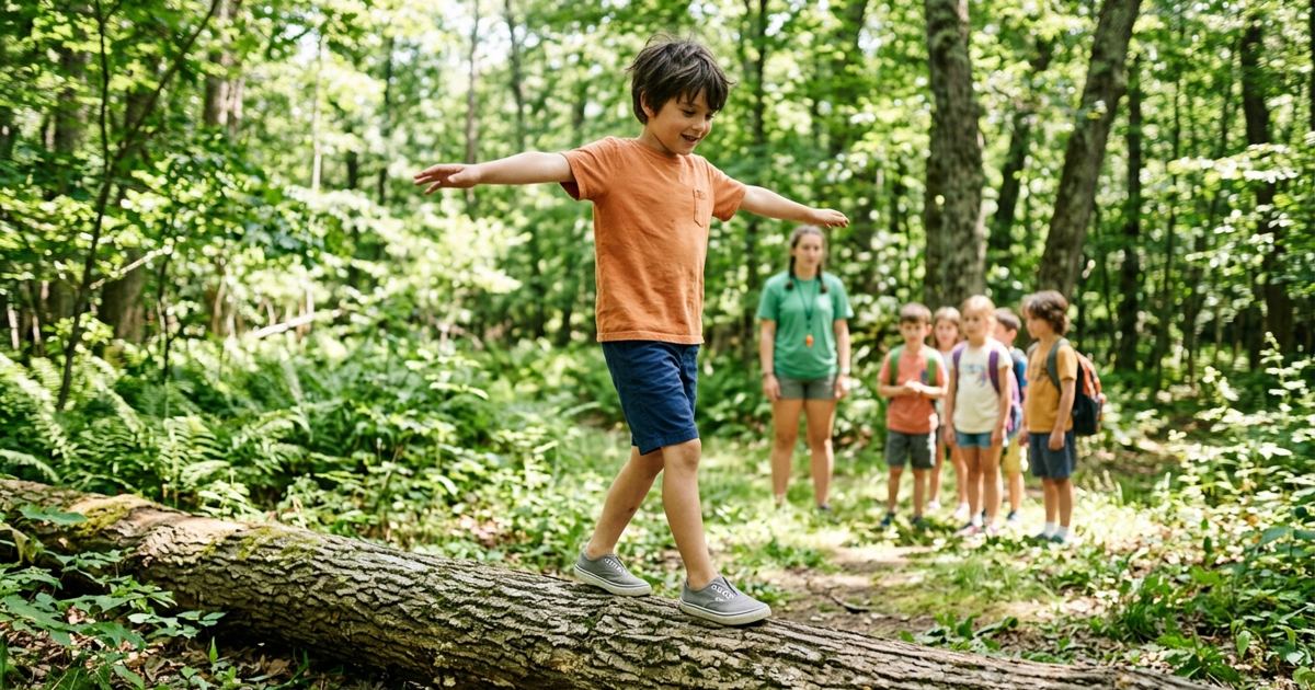 Kid balancing on a fallen log at a summer day camp with other campers in the background