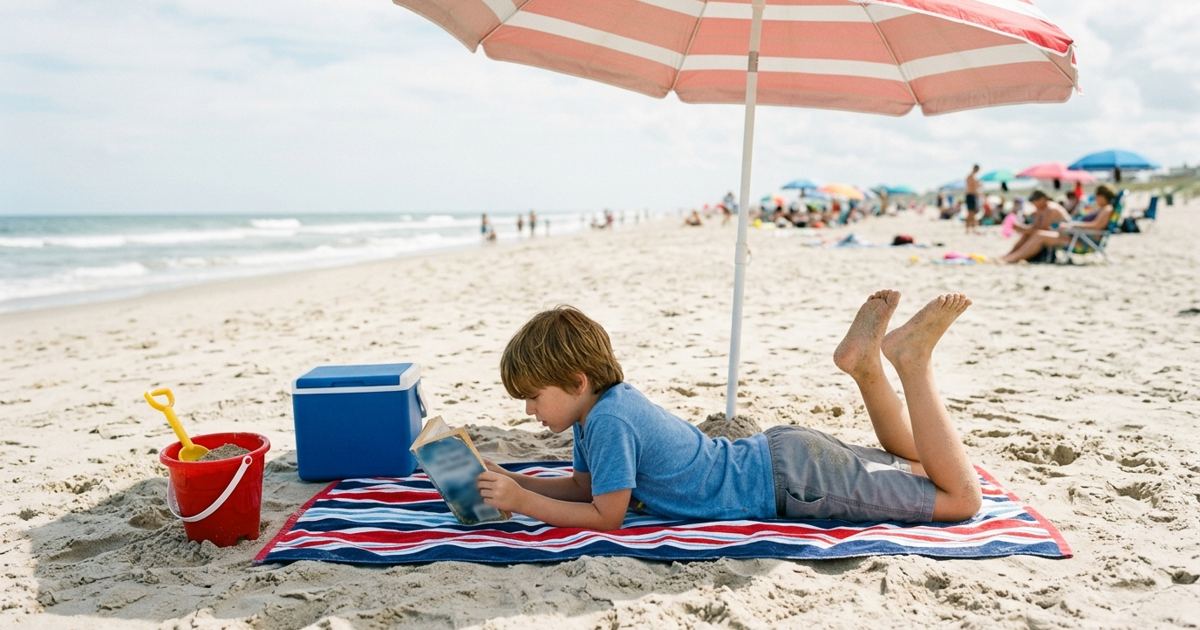 Kid reading on a beach towel under an umbrella on a bright summer day