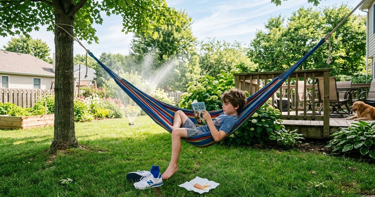 Child reading a book on a porch step on a sunny summer afternoon