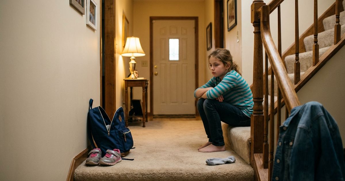 Child sitting on the stairs on a Sunday evening, backpack waiting by the front door