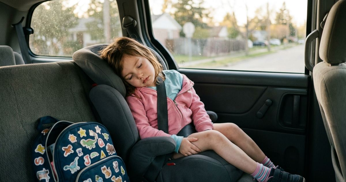 Tired kindergartner asleep in a booster seat on the drive home from school