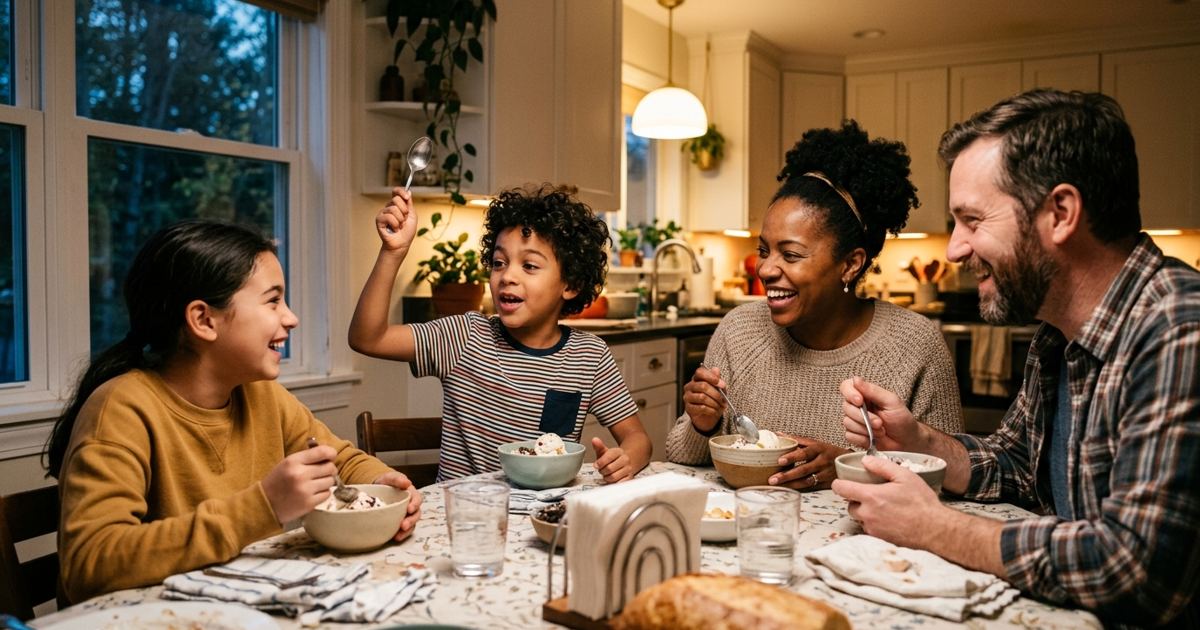 Family at dessert while a child tells a story using a spoon as a prop