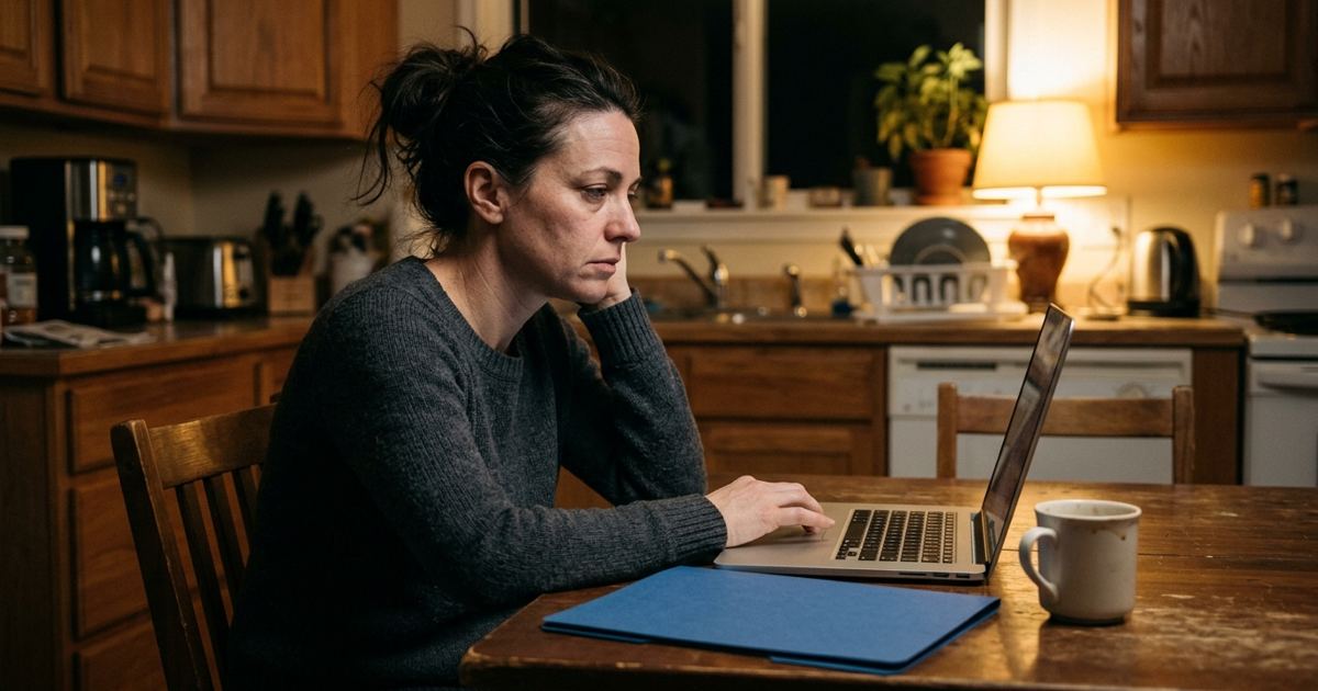 Parent thoughtfully typing an email on a laptop at a kitchen table at night