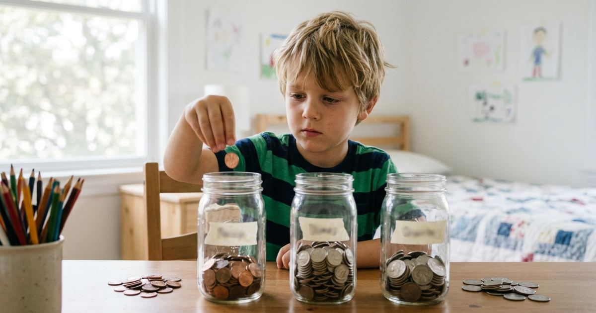 Child counting coins into three jars on a desk in a bright bedroom