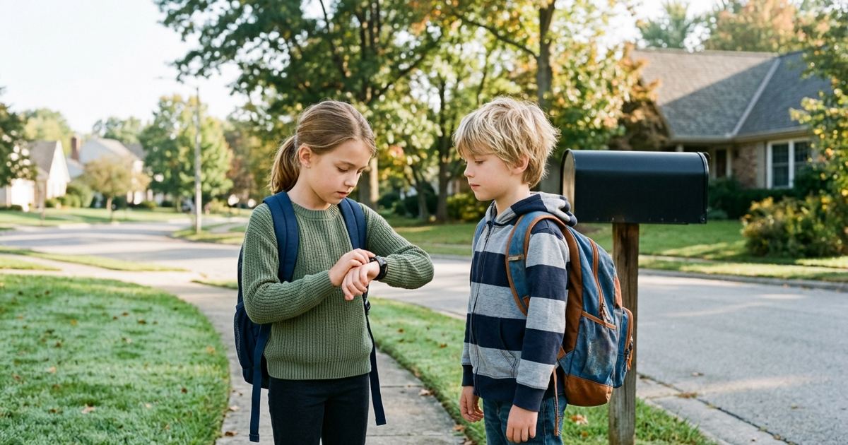 Child checking a wristwatch while waiting at a school bus stop with a friend