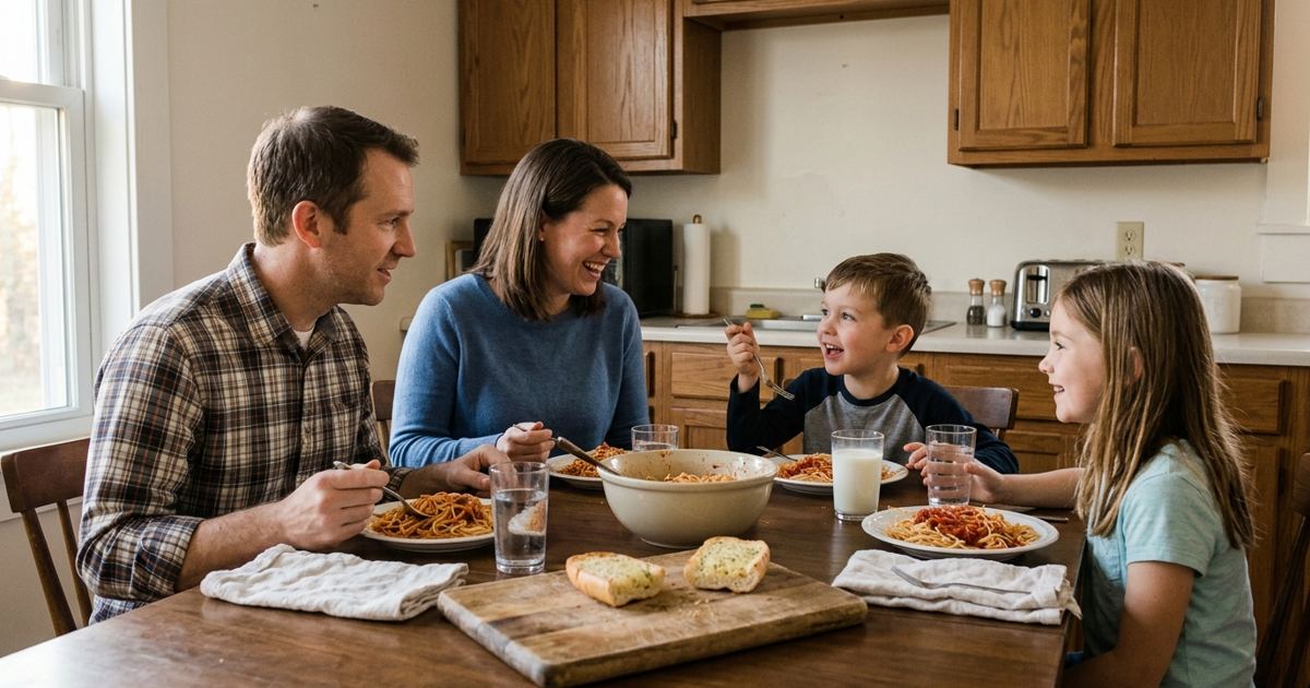 Family of four talking over spaghetti dinner while a kid gestures with a fork