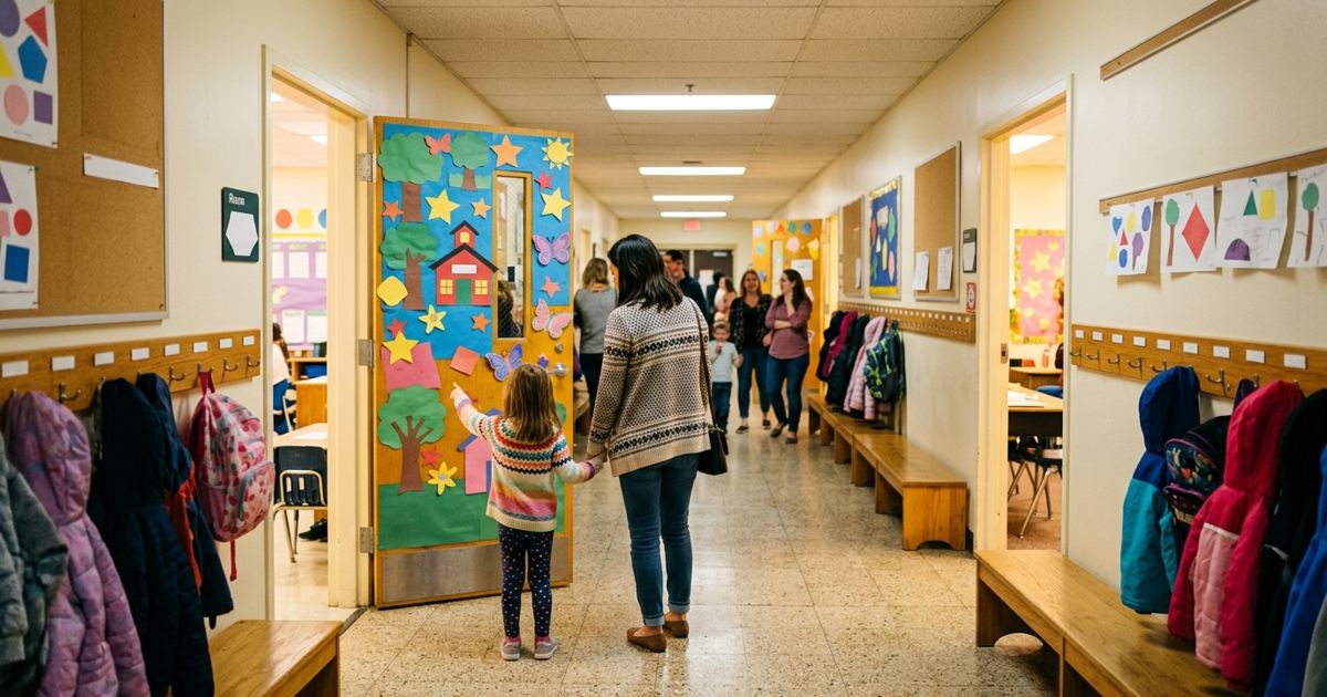 Parent and child looking at decorated classroom doors during a school open house in the evening