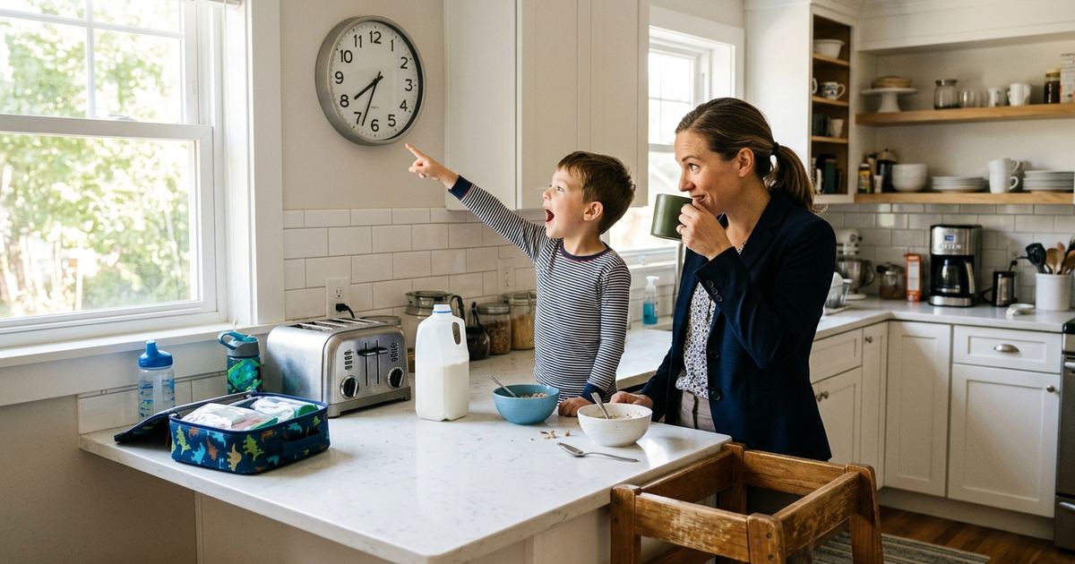 Child looking up at an analog wall clock in the kitchen