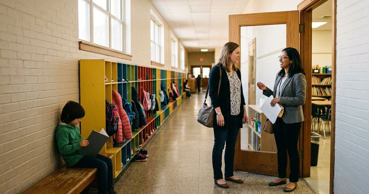 Parent and teacher talking calmly at a classroom door while a child reads nearby